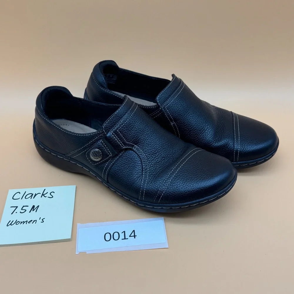 Clarks Women's Cora Poppy Black Leather Slip On Loafers Comfort Size 7.5 M (014)